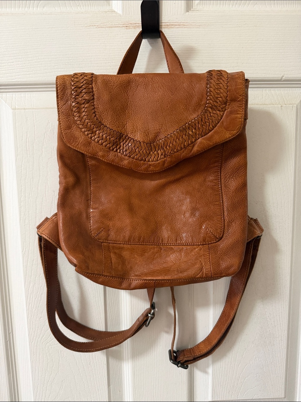 Leather Woven Flap Backpack - Brown
